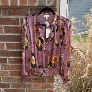 Tamara H Ladies L Sheer Purple Floral Print Smocked Blouse